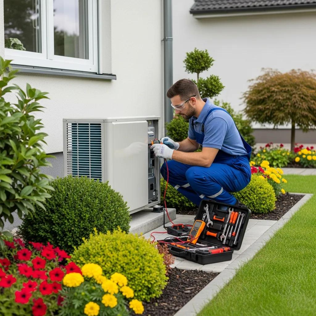 Technician performing heat pump maintenance outdoors, showcasing professional HVAC service
