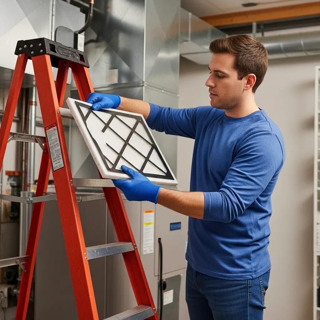 Homeowner changing an HVAC filter &mdash; an easy step toward energy savings