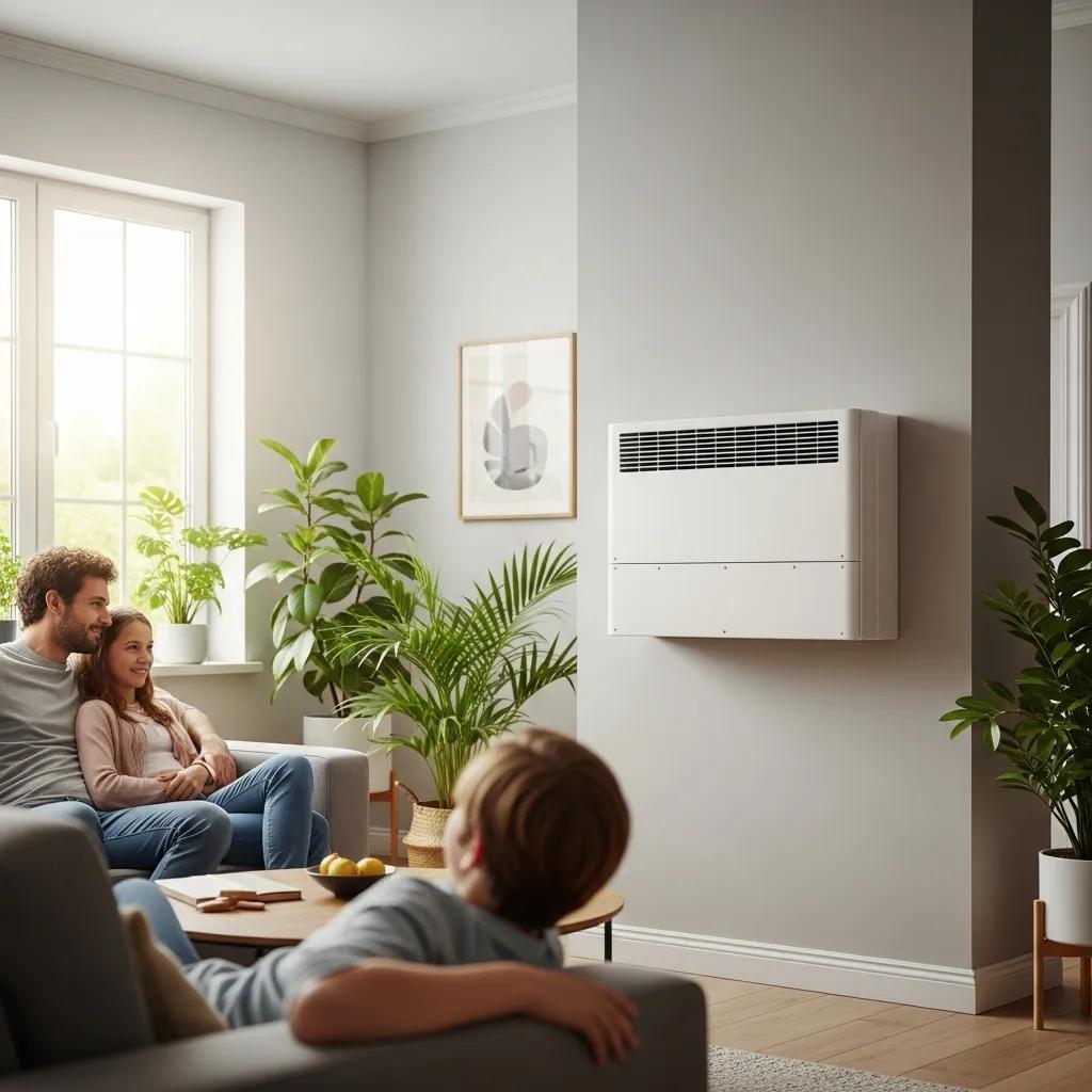 Ductless HVAC system in a cozy living room, emphasizing energy efficiency and comfort