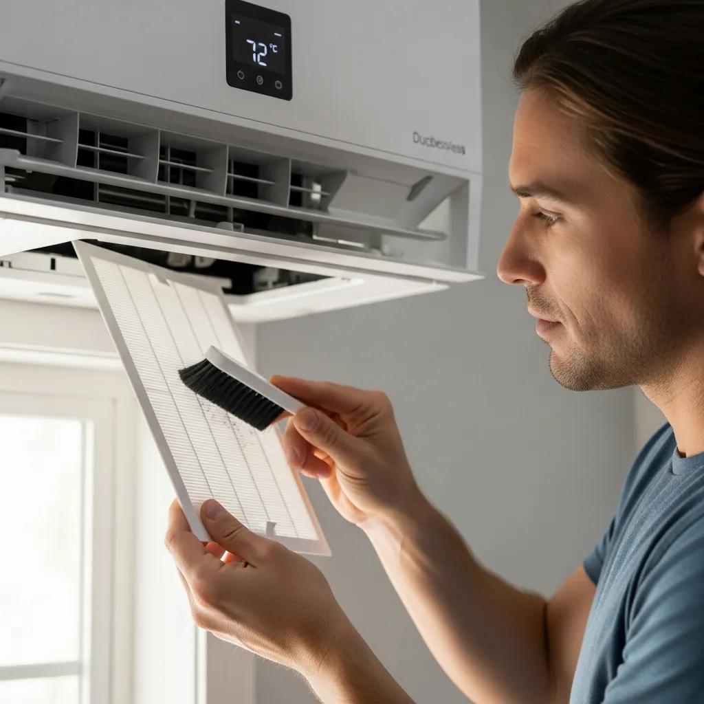 Homeowner cleaning a mini‑split filter &mdash; simple maintenance for longevity