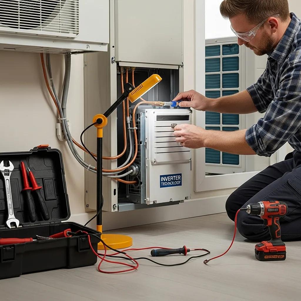 Technician installing a mini‑split, highlighting inverter technology