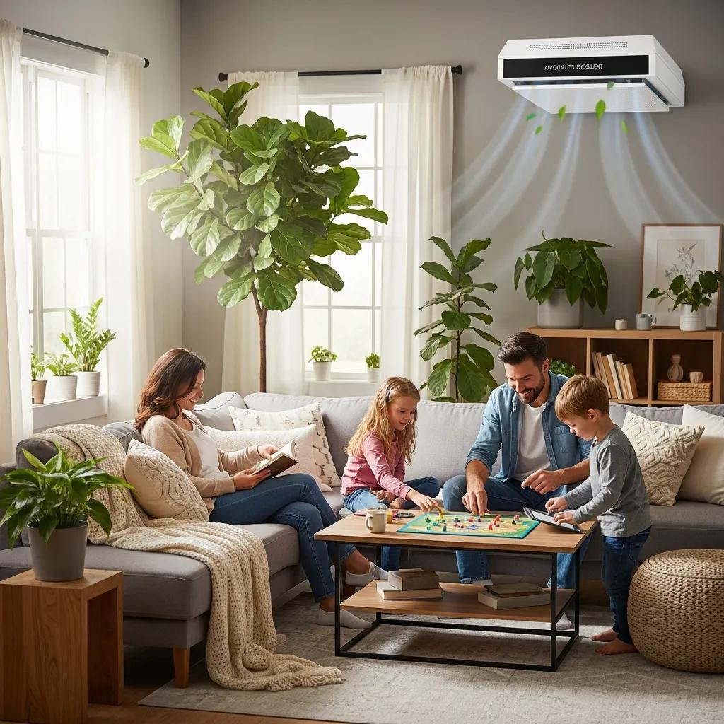 Family enjoying clean air in a cozy living room with an HVAC system
