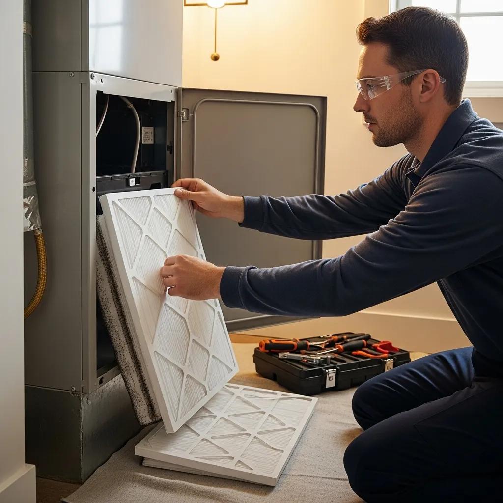 Technician replacing HVAC filters during maintenance, emphasizing service quality