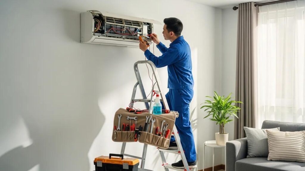 Technician troubleshooting an air conditioning unit in a bright home environment