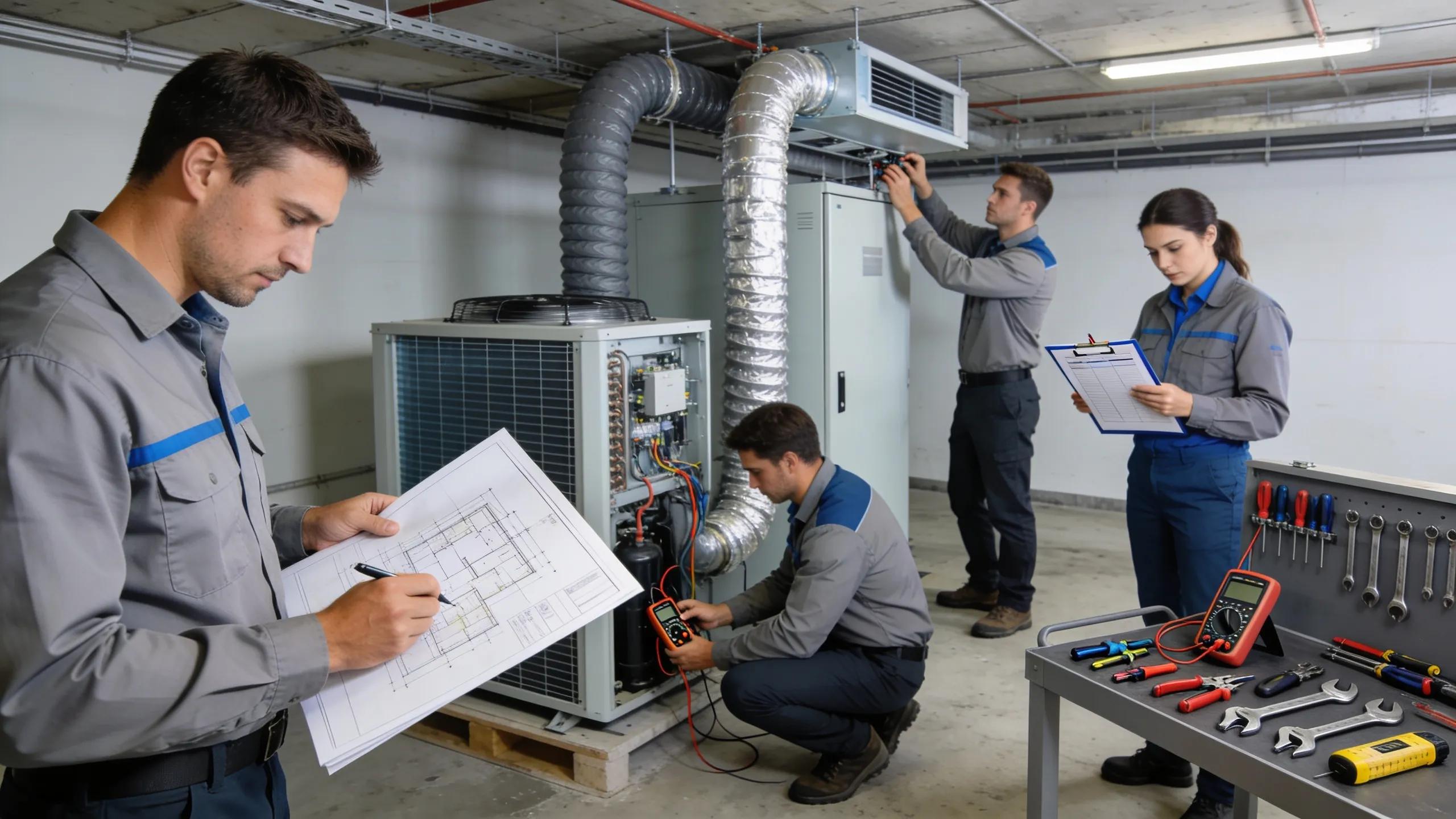 Efficient Light Commercial HVAC for Fort Worth Businesses 2 Professionals working on the installation of a light commercial HVAC system illustrating teamwork and compliance