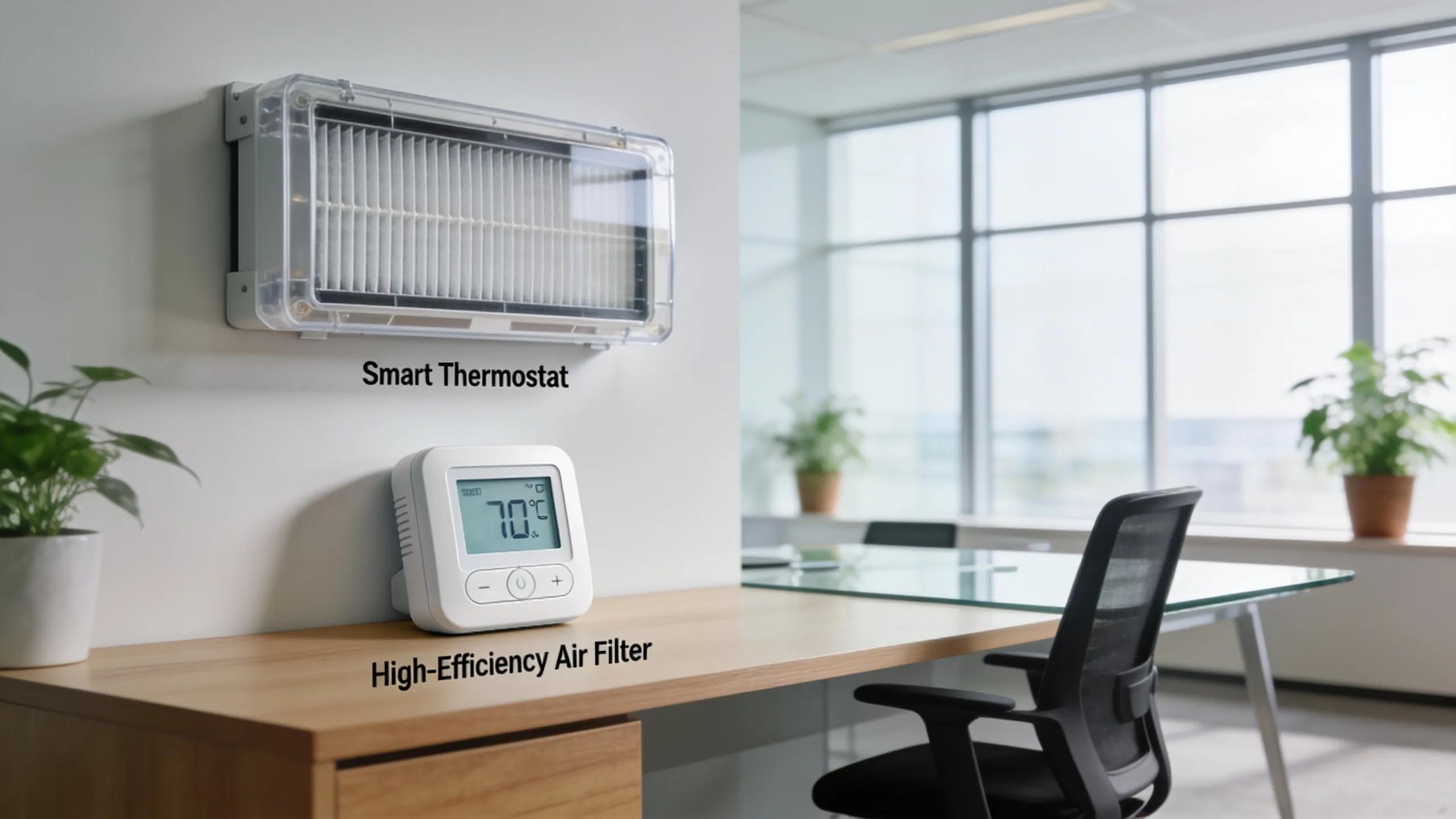 Efficient Light Commercial HVAC for Fort Worth Businesses 3 Components of energy-efficient HVAC technologies showcased in a modern office setting promoting sustainability